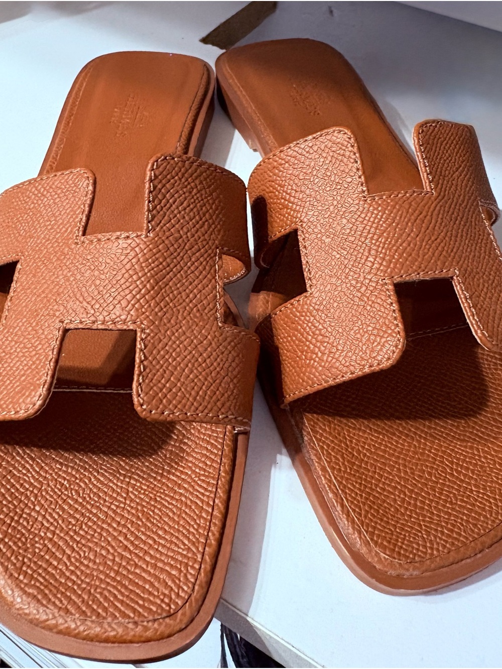 Hermes Women's Tan Leather Slide Sandals